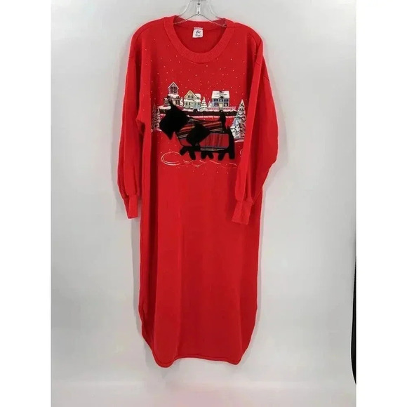 VINTAGE Cat Naps USA Made Red Sweatshirt Gown Winter Scene Scottish Terriers MED - Picture 1 of 14